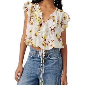 Free People Naya Printed Ruffle Top in Ivory Floral Combo XS